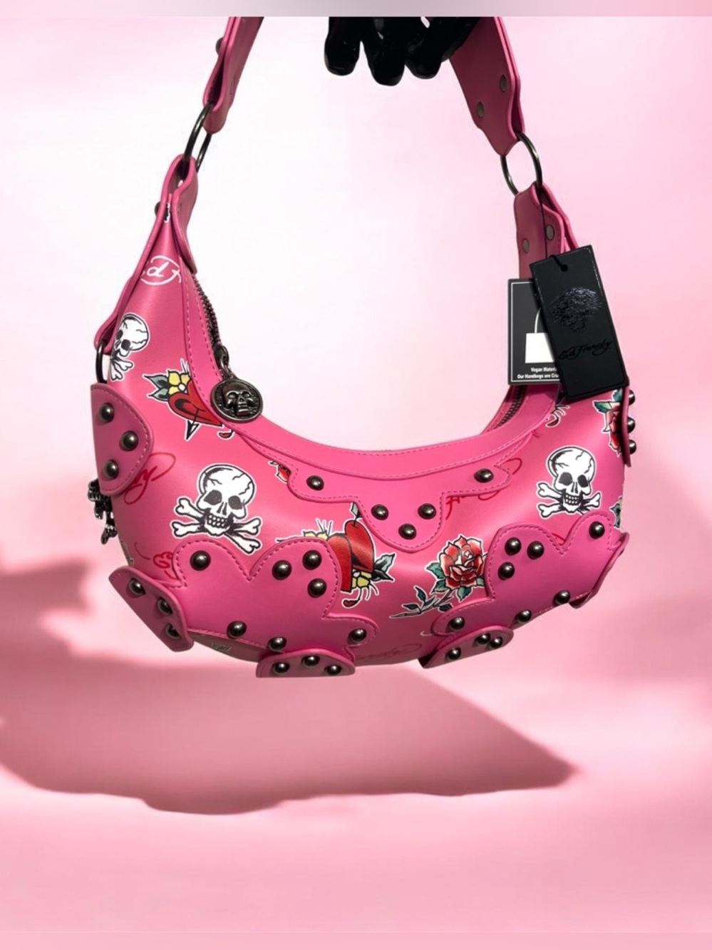 💕Ed Hardy Hot Pink Studded Skull & Rose Shoulder Bag-NWT💕